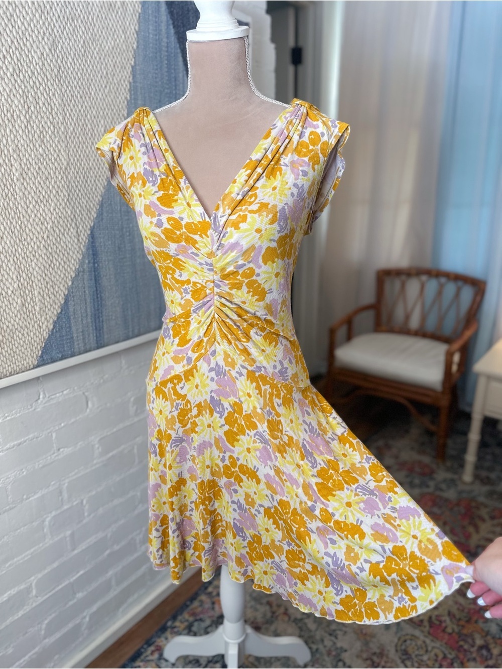 Free People Yellow and Purple Floral Ribbed Drop Waist Dress